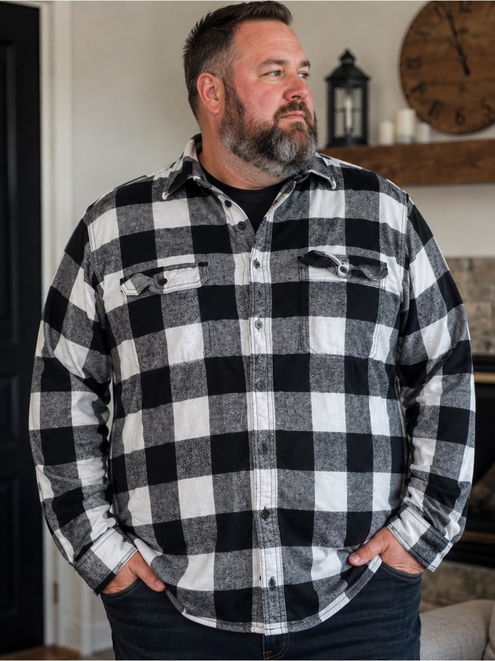 George 3XLT Flannel Shirt Black White Plaid Big & Tall Button Down